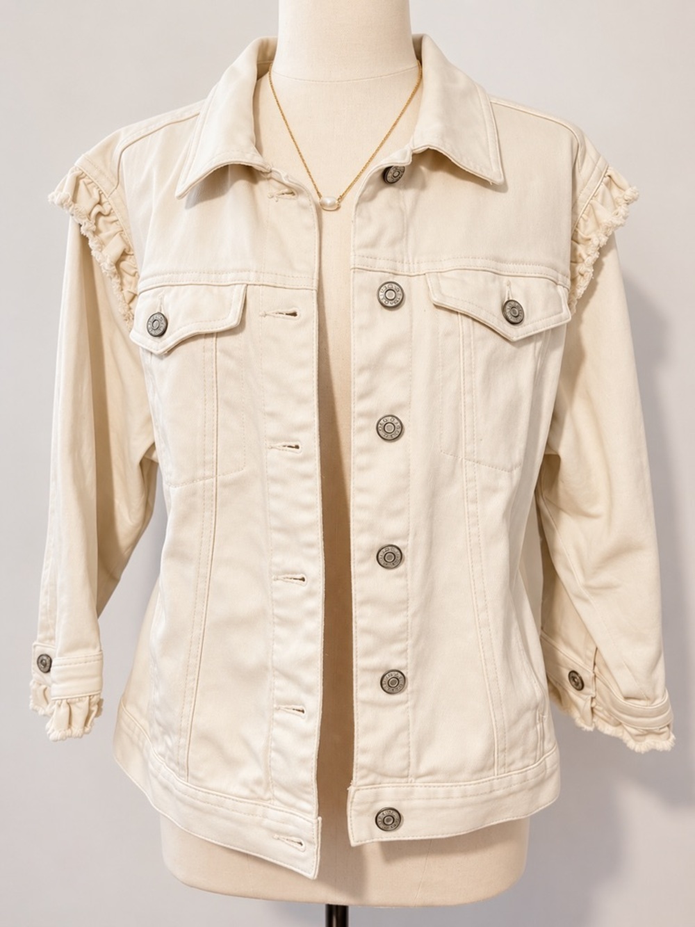 Cato Cream Denim Jacket with Ruffle Trim